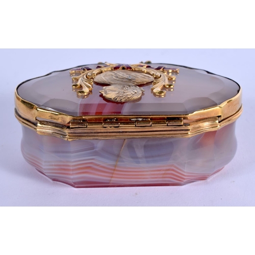 1035 - A LOVELY CONTINENTAL SILVER GILT ENAMEL AND GEM SET AGATE BOX decorated with a portrait of a male. 8... 