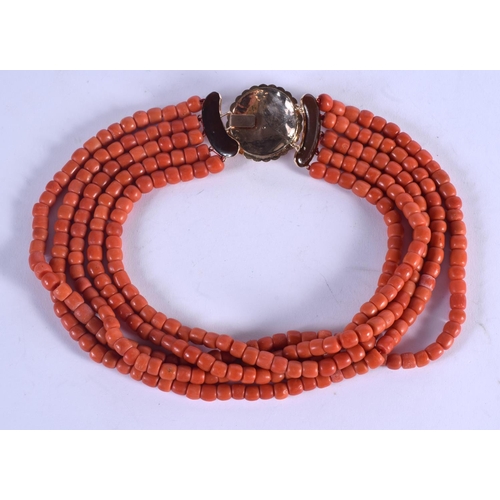 1058 - AN 18CT GOLD EUROPEAN AND CORAL NECKLACE. 230 grams. Each strand 33 cm long.