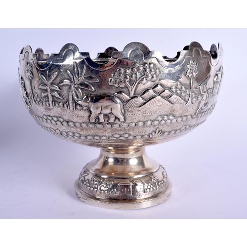 1092 - A 19TH CENTURY INDIAN SILVER EMBOSSED BOWL decorated with elephants and landscapes. 568 grams. 20 cm... 