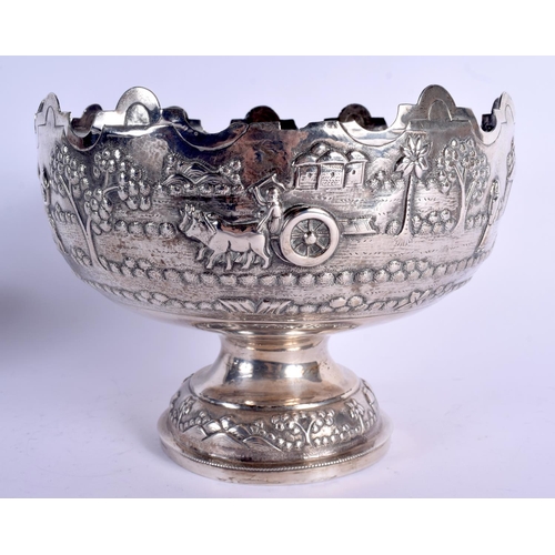 1092 - A 19TH CENTURY INDIAN SILVER EMBOSSED BOWL decorated with elephants and landscapes. 568 grams. 20 cm... 