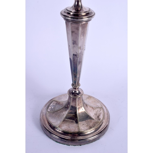 1093 - AN ANTIQUE SILVER PLATED OIL LAMP. 45 cm high not inc funnel.