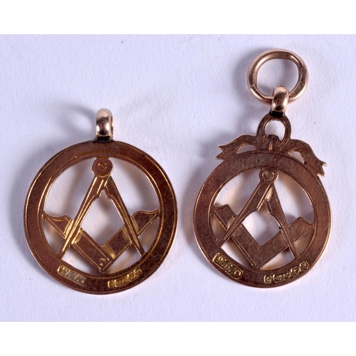 1095 - TWO 9CT GOLD MASONIC MEDALS. 8 grams. Largest 3.5 cm x 2 cm.