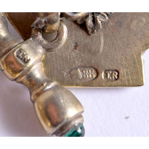 1096 - A PAIR OF CONTINENTAL SILVER JEWELLED ENAMEL CROWN CUFFLINKS. 2.75 cm wide.