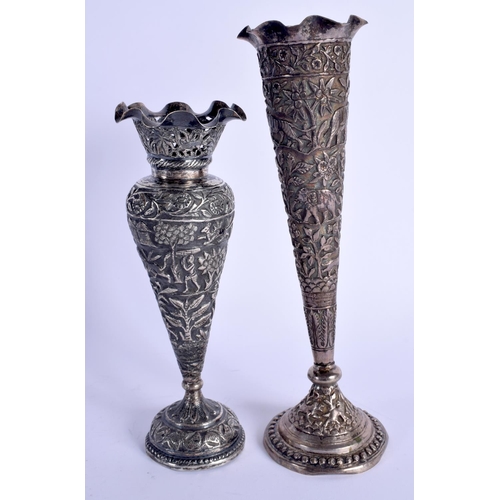 1104 - TWO EARLY 20TH CENTURY INDIAN WHITE METAL VASES. 823 grams (one weighted). Largest 25 cm high. (2)