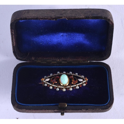 1110 - AN ANTIQUE GOLD ENAMEL AND OPAL BROOCH. 4 grams. 3.5 cm x 1.25 cm.