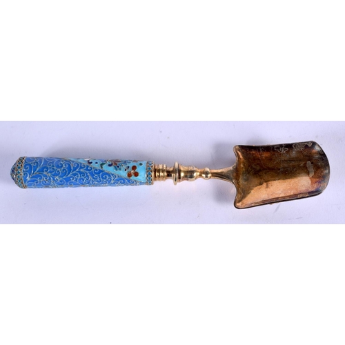 1139 - AN UNUSUAL CONTINENTAL SILVER AND ENAMEL SPOON possibly a Cheese scoop, painted with a swan amongst ... 