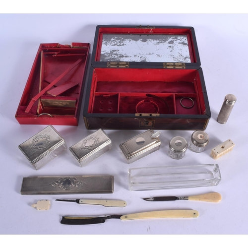 1143 - A CHARMING VICTORIAN GENTLEMAN'S SILVER TOPPED TRAVELLING VANITY BOX with assorted shaving tools. 26... 