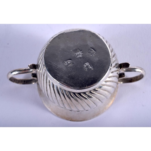 1213 - A RARE 18TH/19TH CENTURY MINIATURE SILVER TWIN HANDLED MUG. 22 grams. 6.5 cm x 3 cm.