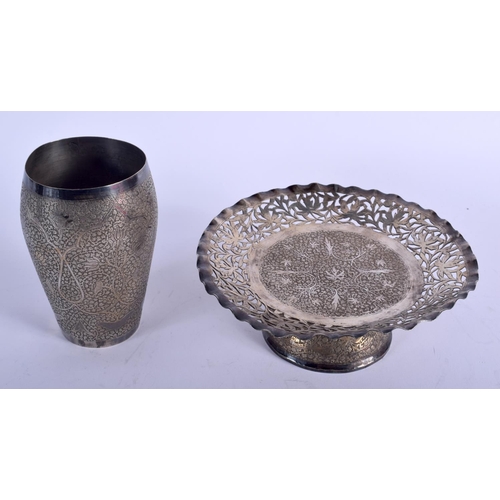 1238 - AN ANTIQUE PERSIAN SILVER BEAKER and matching tazza. 305 grams. (2)