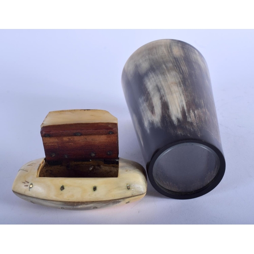 1248 - A 19TH CENTURY SCOTTISH CARVED HORN SNUFF BOX together with a similar beaker. Largest 13.5 cm high. ... 