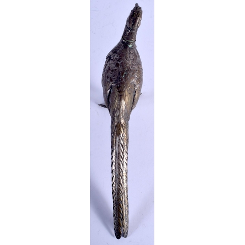 1263 - A 19TH CENTURY CONTINENTAL SILVER FIGURE OF A ROAMING GAME BIRD. 173 grams. 23 cm long.