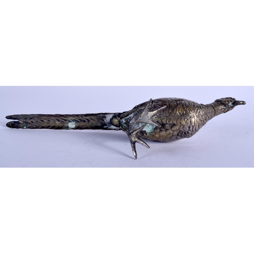 1263 - A 19TH CENTURY CONTINENTAL SILVER FIGURE OF A ROAMING GAME BIRD. 173 grams. 23 cm long.