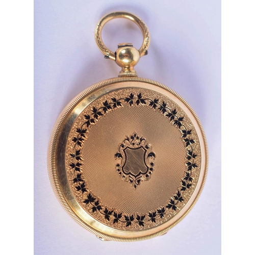 1485 - AN ANTIQUE 18CT GOLD FULL HUNTER FOB WATCH enamelled with black foliage. 53 grams overall.