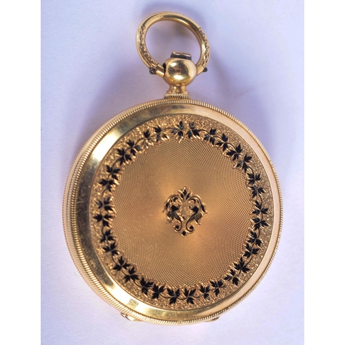 1485 - AN ANTIQUE 18CT GOLD FULL HUNTER FOB WATCH enamelled with black foliage. 53 grams overall.