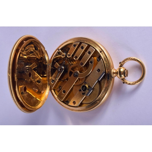 1485 - AN ANTIQUE 18CT GOLD FULL HUNTER FOB WATCH enamelled with black foliage. 53 grams overall.