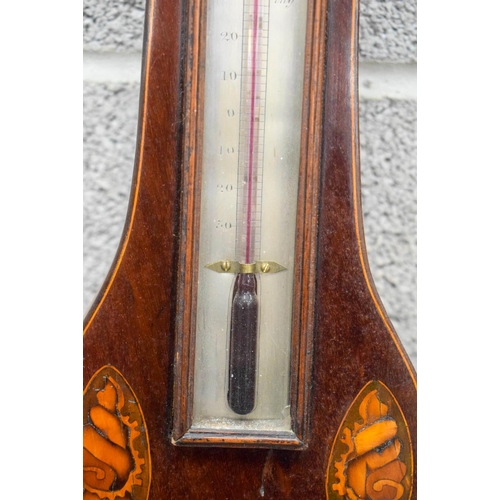 1487 - AN ANTIQUE A MASTALLIO OF OXFORD WHEEL BAROMETER inset with inlaid flowers and shell motifs. 97 cm x... 