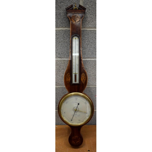 1488 - AN ANTIQUE ANDREW PINKETT OF PLYMOUTH WHEEL BAROMETER inset with inlaid floral motifs. 97 cm x 24 cm... 