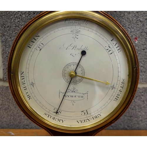 1488 - AN ANTIQUE ANDREW PINKETT OF PLYMOUTH WHEEL BAROMETER inset with inlaid floral motifs. 97 cm x 24 cm... 