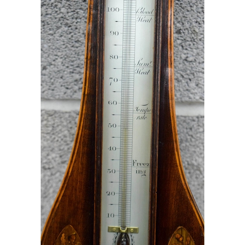 1488 - AN ANTIQUE ANDREW PINKETT OF PLYMOUTH WHEEL BAROMETER inset with inlaid floral motifs. 97 cm x 24 cm... 