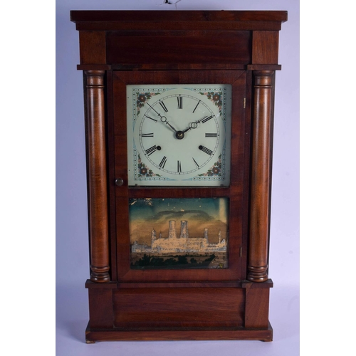 1489 - AN ANTIQUE REVERSE PAINTED AMERICAN WALL CLOCK. 62 cm x 32 cm.