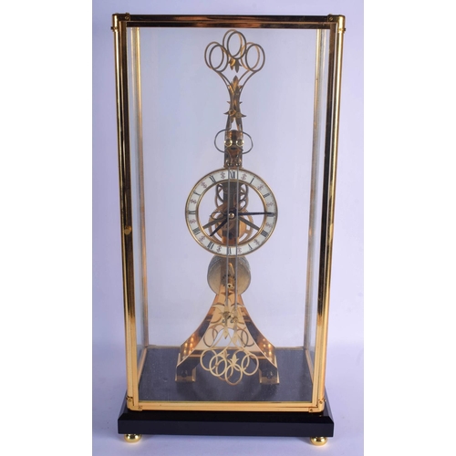 1491 - A CONTEMPORARY BRASS SKELETON CLOCK. Clock 48 cm x 18 cm.