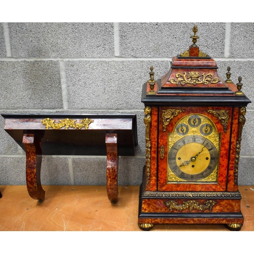 1495 - A RARE LARGE 19TH CENTURY EUROPEAN TORTOISESHELL VENEERED BRACKET CLOCK with matching bracket, the d... 