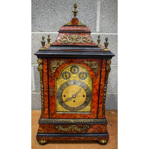 1495 - A RARE LARGE 19TH CENTURY EUROPEAN TORTOISESHELL VENEERED BRACKET CLOCK with matching bracket, the d... 