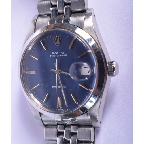 1496 - A BOXED VINTAGE ROLEX BLUE DIAL OYSTER DATE STAINLESS STEEL PRECISION WRISTWATCH with stainless stra... 