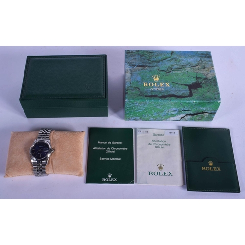 1496 - A BOXED VINTAGE ROLEX BLUE DIAL OYSTER DATE STAINLESS STEEL PRECISION WRISTWATCH with stainless stra... 