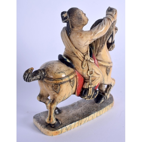 1509 - A 19TH CENTURY CHINESE CARVED PAINTED IVORY FIGURE OF A HORSE modelled with an attendant. 11 cm x 12... 