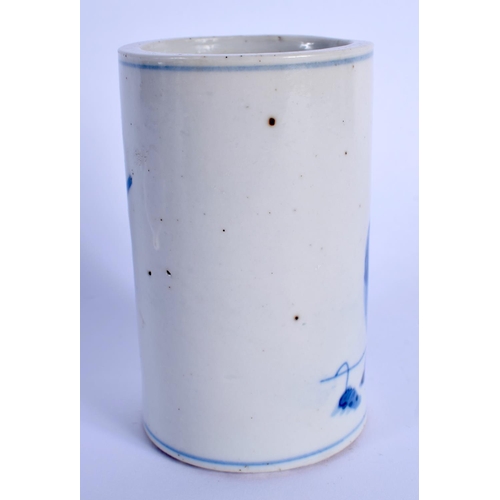 1516 - A 19TH CENTURY CHINESE BLUE AND WHITE PORCELAIN BRUSH POT BITONG Qing, painted with landscapes. 11 c... 