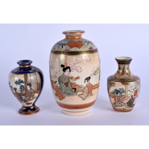 1530 - THREE EARLY 20TH CENTURY JAPANESE MEIJI PERIOD SATSUMA VASES. Largest 10 cm high. (3)