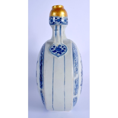 1546 - A CHINESE QING DYNASTY TWIN HANDLED BLUE AND WHITE PILGRIM  FLASK painted with buddhistic emblems an... 