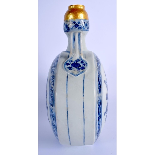 1546 - A CHINESE QING DYNASTY TWIN HANDLED BLUE AND WHITE PILGRIM  FLASK painted with buddhistic emblems an... 