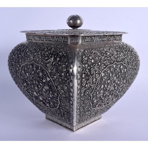 1547 - A 19TH CENTURY CHINESE TIBETAN STRAITS SILVER CENSER AND COVER decorated with foliage and vines. 970... 