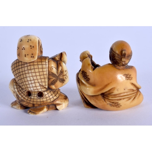 1560 - TWO 19TH CENTURY JAPANESE MEIJI PERIOD CARVED IVORY NETSUKES. 3.5 cm x 3 cm. (2)