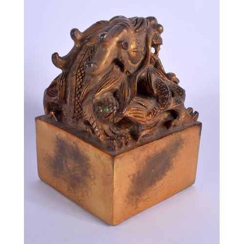 1571 - A LARGE CHINESE GILT BRONZE DRAGON SEAL 20th Century. 14 cm x 8 cm.