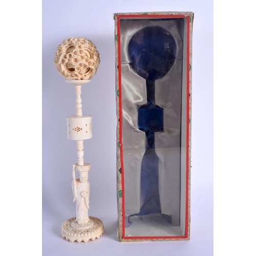 1577 - A 19TH CENTURY CHINESE CANTON IVORY PUZZLE BALL ON STAND Qing. 30 cm high.