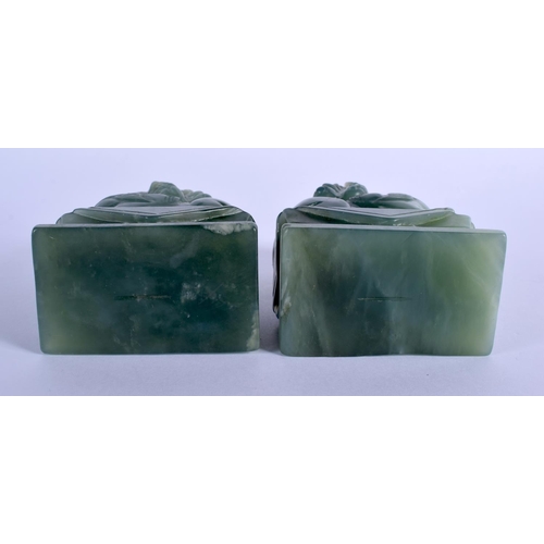 1585 - A PAIR OF EARLY 20TH CENTURY CHINESE CARVED JADE FIGURES OF LIONS Late Qing/Republic. Jade 12 cm x 6... 