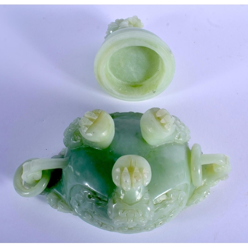 1586 - AN EARLY 20TH CENTURY CHINESE TWIN HANDLED JADE CENSER AND COVER Late Qing/Republic. Jade 19 cm x 17... 