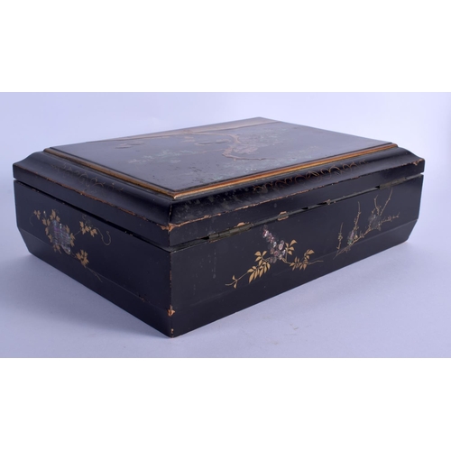 1605 - AN EARLY 20TH CENTURY CHINESE BLACK LACQUER BOX AND COVER with unusual bat locking plate, decorated ... 