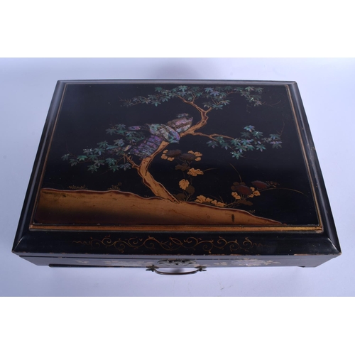 1605 - AN EARLY 20TH CENTURY CHINESE BLACK LACQUER BOX AND COVER with unusual bat locking plate, decorated ... 