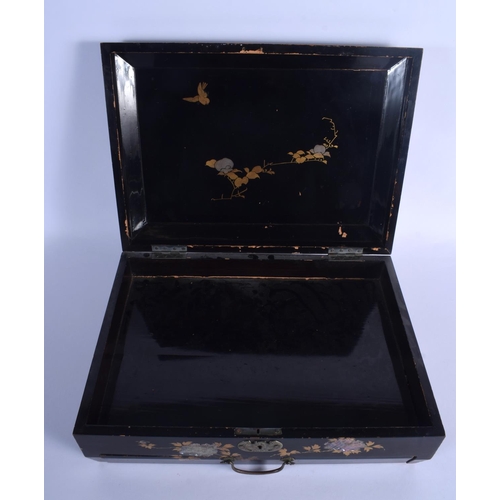 1605 - AN EARLY 20TH CENTURY CHINESE BLACK LACQUER BOX AND COVER with unusual bat locking plate, decorated ... 