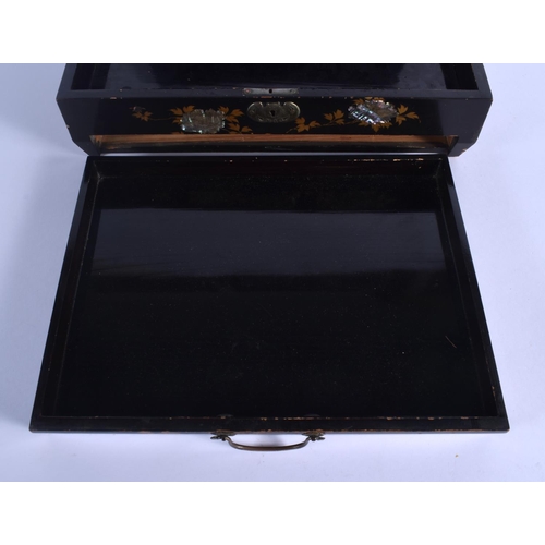 1605 - AN EARLY 20TH CENTURY CHINESE BLACK LACQUER BOX AND COVER with unusual bat locking plate, decorated ... 