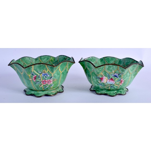 1627 - A PAIR OF LATE 19TH CENTURY CHINESE ENAMEL LOTUS FORM BOWLS Qing, painted with insects and fruits. 1... 