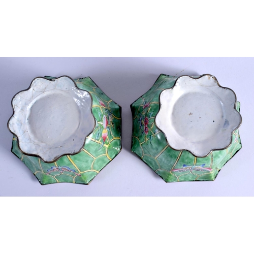 1627 - A PAIR OF LATE 19TH CENTURY CHINESE ENAMEL LOTUS FORM BOWLS Qing, painted with insects and fruits. 1... 