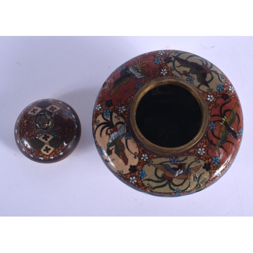 1631 - A 19TH CENTURY JAPANESE MEIJI PERIOD CLOISONNE ENAMEL CENSER AND COVER decorated with birds and foli... 