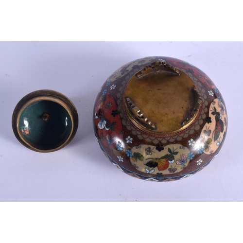 1631 - A 19TH CENTURY JAPANESE MEIJI PERIOD CLOISONNE ENAMEL CENSER AND COVER decorated with birds and foli... 