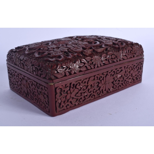 1633 - A RARE 19TH CENTURY CHINESE CARVED CINNABAR LACQUER BOX AND COVER Qing, unusually decorated with bud... 