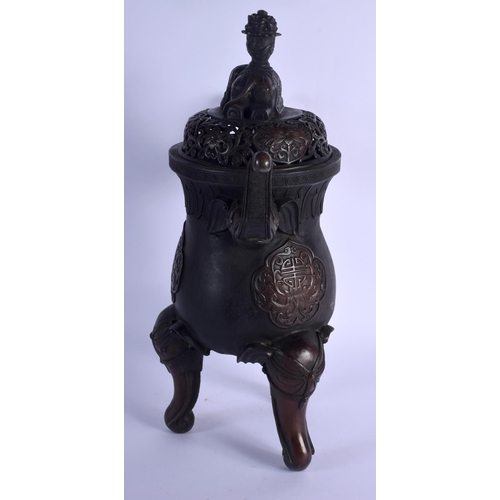 1634 - A VERY LARGE CHINESE TWIN HANDLED BRONZE CENSER AND COVER 20th Century, decorated with elephant capp... 